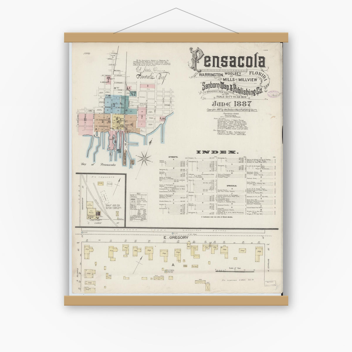 Old map wall art mockup — magnetic wood frame on white wall — Sanborn Fire Insurance Map from Pensacola, Escambia County, Florida (1887) - Complete Map Set