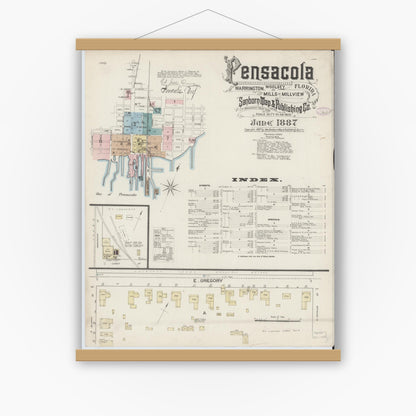 Old map wall art mockup — magnetic wood frame on white wall — Sanborn Fire Insurance Map from Pensacola, Escambia County, Florida (1887) - Complete Map Set