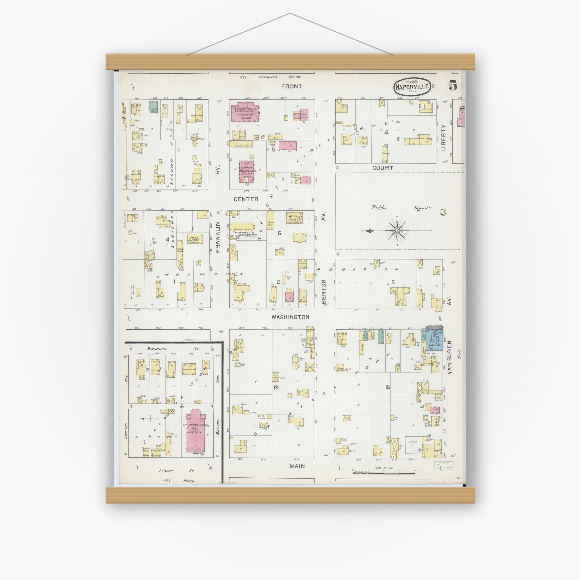 Old map wall art mockup — magnetic wood frame on white wall — Sanborn Fire Insurance Map from Naperville, Du Page County, Illinois (1892), Sheet #0005