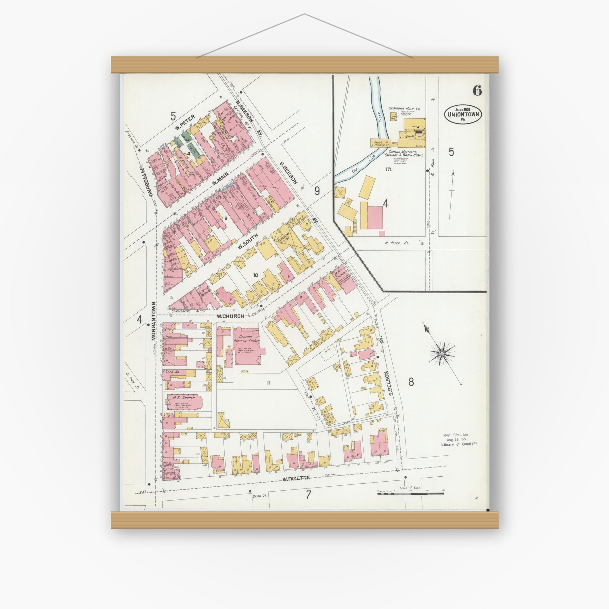Old map wall art mockup — magnetic wood frame on white wall — Sanborn Fire Insurance Map from Uniontown, Fayette County, Pennsylvania (1901), Sheet #0006