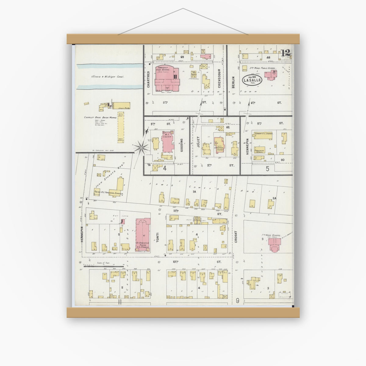 Old map wall art mockup — magnetic wood frame on white wall — Sanborn Fire Insurance Map from La Salle, La Salle County, Illinois (1898), Sheet #0012