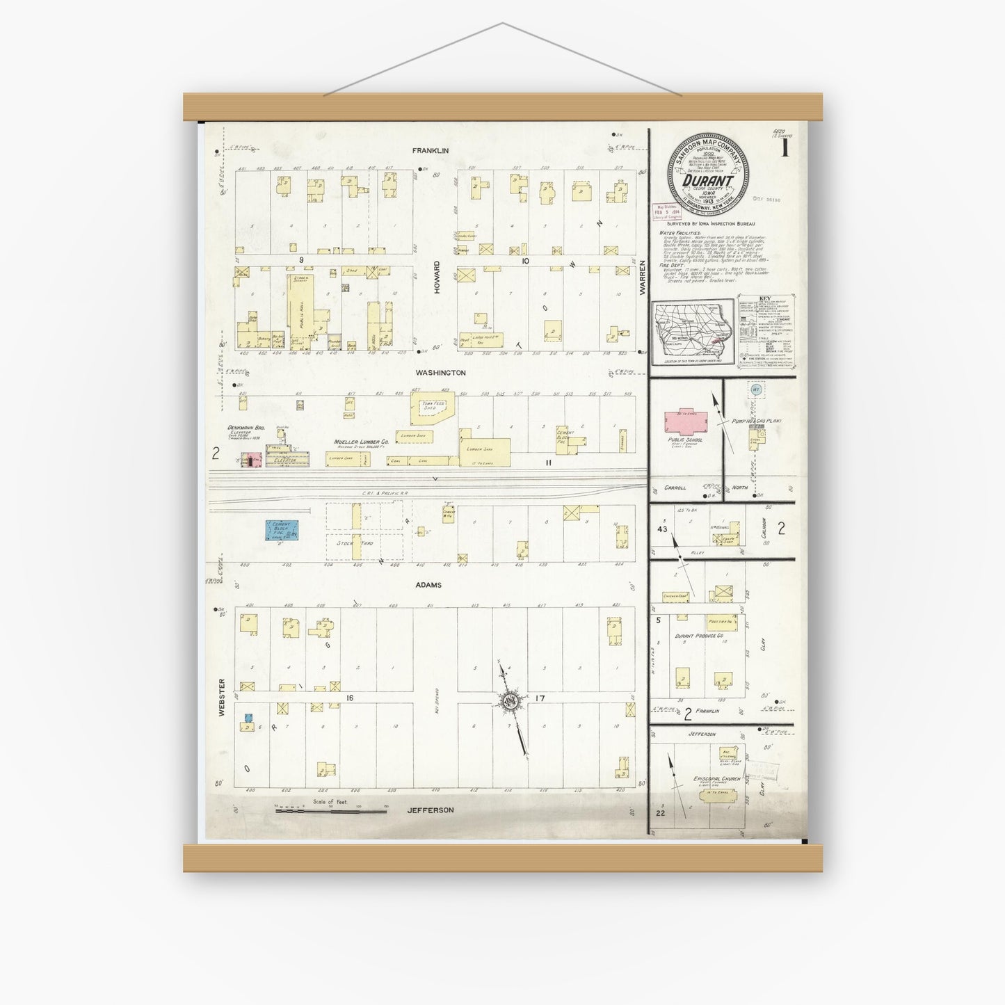 Old map wall art mockup — magnetic wood frame on white wall — Sanborn Fire Insurance Map from Durant, Cedar County, Iowa (1913) â€” Complete Set
