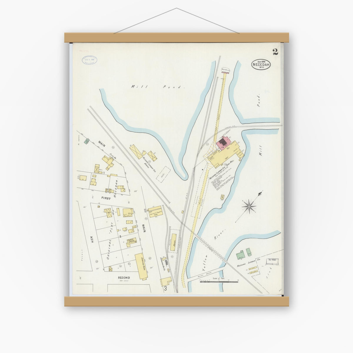 Old map wall art mockup — magnetic wood frame on white wall — Sanborn Fire Insurance Map from Necedah, Juneau County, Wisconsin (1898), Sheet #0002