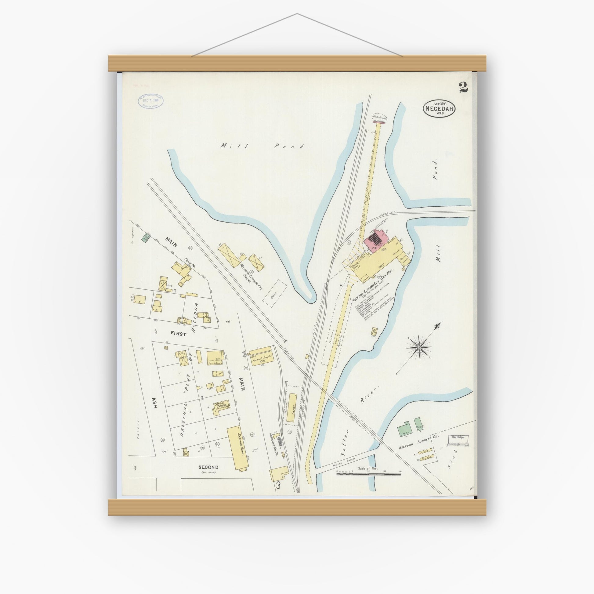Old map wall art mockup — magnetic wood frame on white wall — Sanborn Fire Insurance Map from Necedah, Juneau County, Wisconsin (1898), Sheet #0002