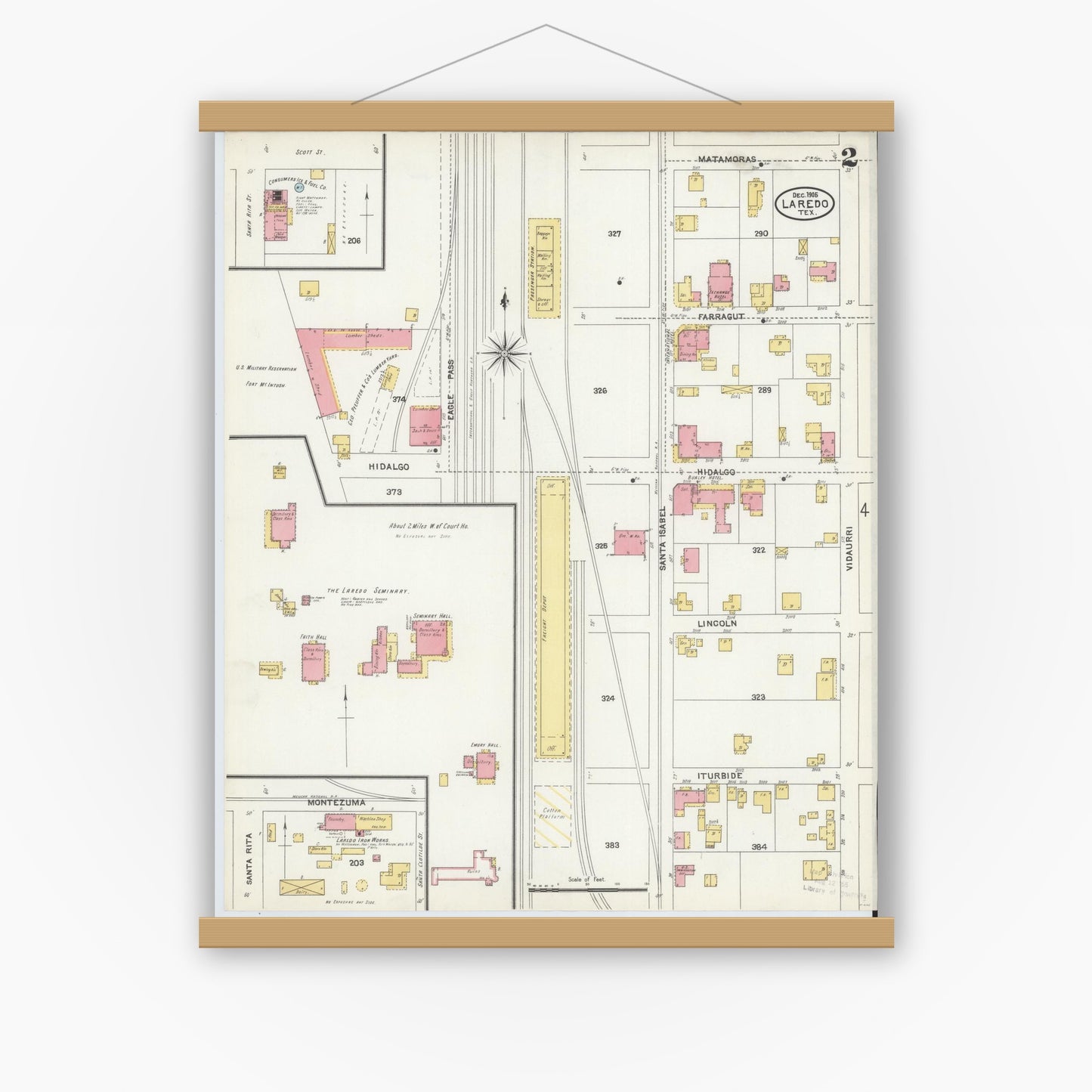 Old map wall art mockup — magnetic wood frame on white wall — Sanborn Fire Insurance Map from Laredo, Webb County, Texas (1905), Sheet #0002
