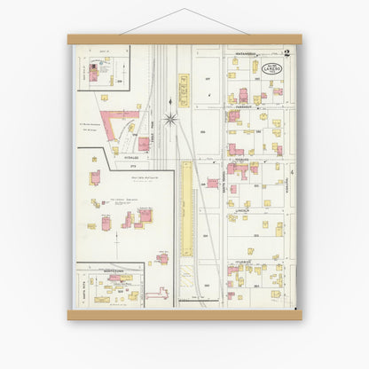 Old map wall art mockup — magnetic wood frame on white wall — Sanborn Fire Insurance Map from Laredo, Webb County, Texas (1905), Sheet #0002