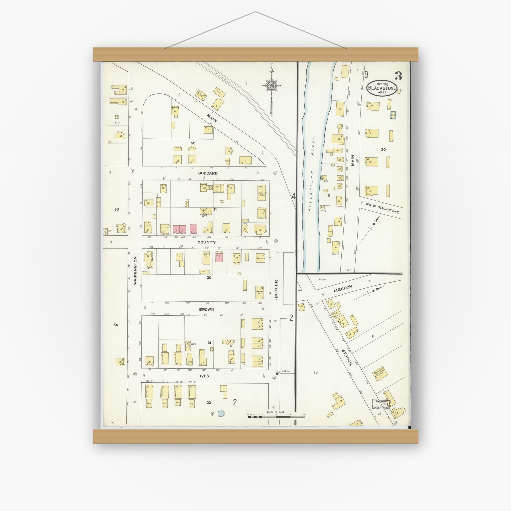 Old map wall art mockup — magnetic wood frame on white wall — Sanborn Fire Insurance Map from Blackstone, Worcester County, Massachusetts (1910), Sheet #0003