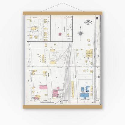 Old map wall art mockup — magnetic wood frame on white wall — Sanborn Fire Insurance Map from Waukegan, Lake County, Illinois (1906), Sheet #0008