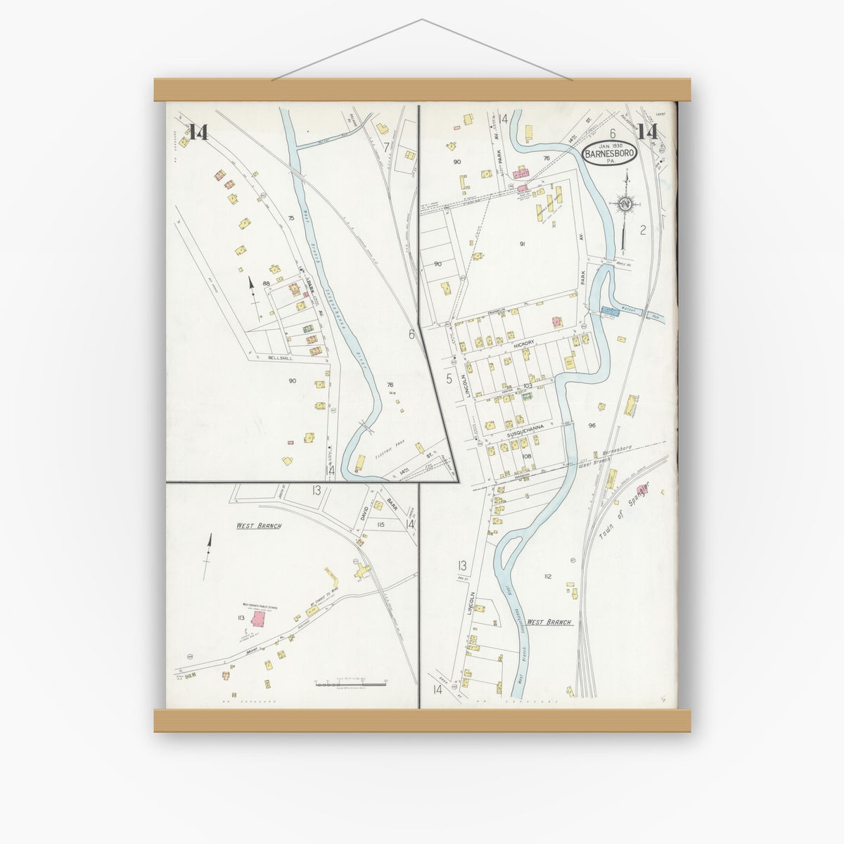 Old map wall art mockup — magnetic wood frame on white wall — Sanborn Fire Insurance Map from Barnesboro, Cambria County, Pennsylvania (1930), Sheet #0014
