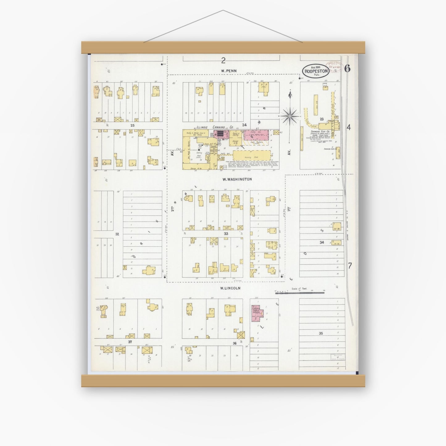 Old map wall art mockup — magnetic wood frame on white wall — Sanborn Fire Insurance Map from Hoopeston, Vermilion County, Illinois (1899), Sheet #0006