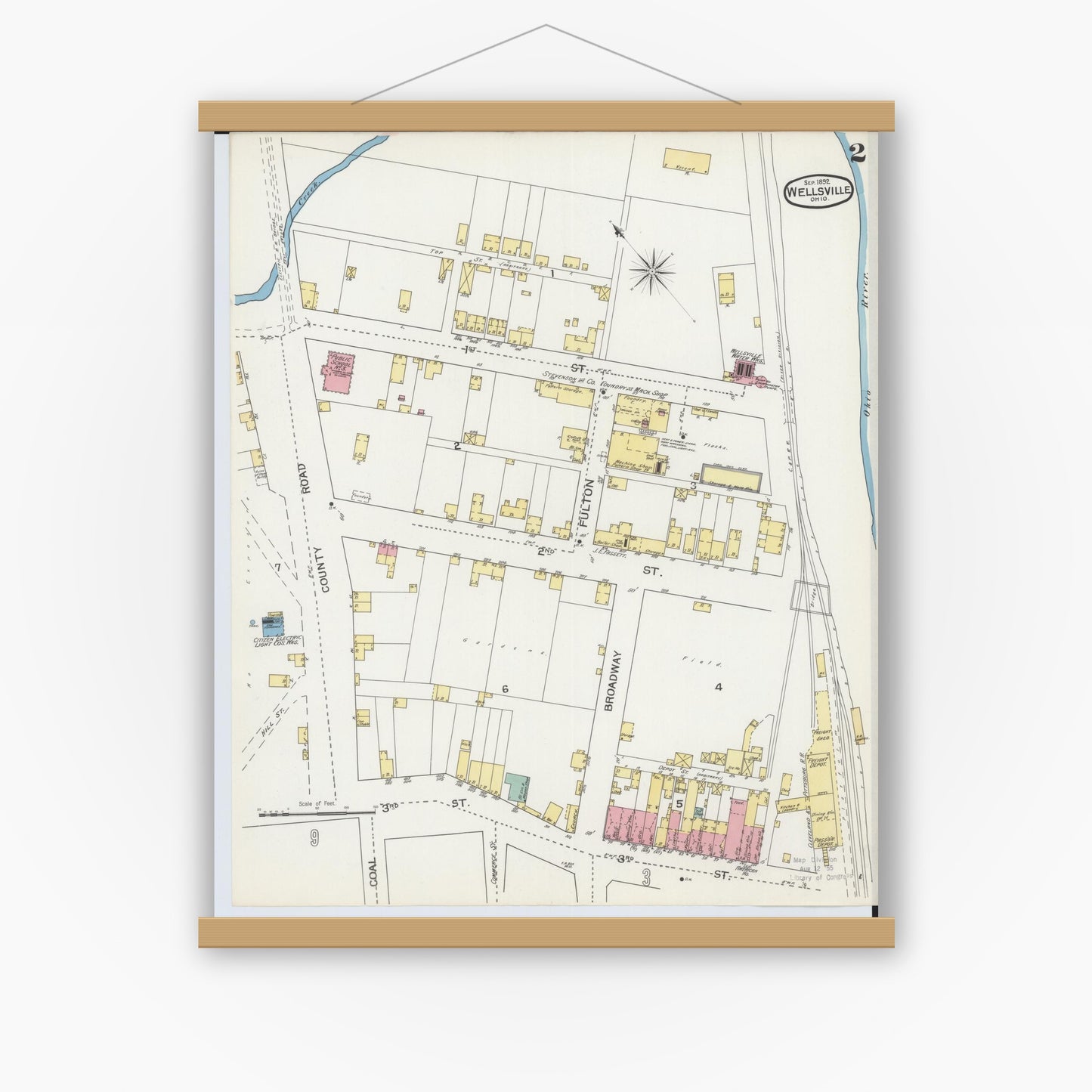 Old map wall art mockup — magnetic wood frame on white wall — Sanborn Fire Insurance Map from Wellsville, Columbiana County, Ohio (1892), Sheet #0002
