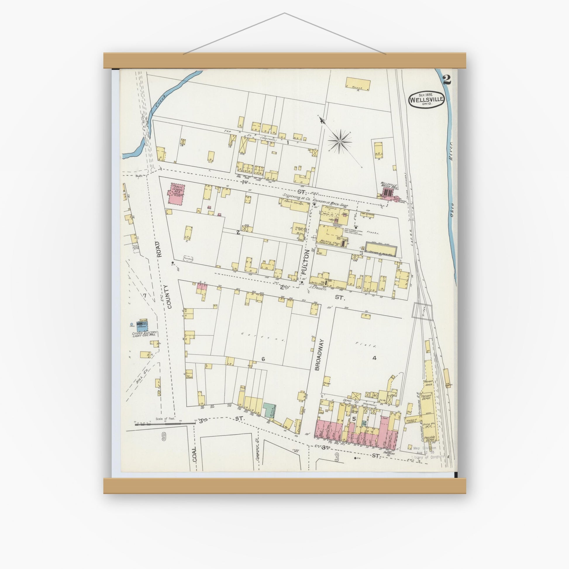 Old map wall art mockup — magnetic wood frame on white wall — Sanborn Fire Insurance Map from Wellsville, Columbiana County, Ohio (1892), Sheet #0002