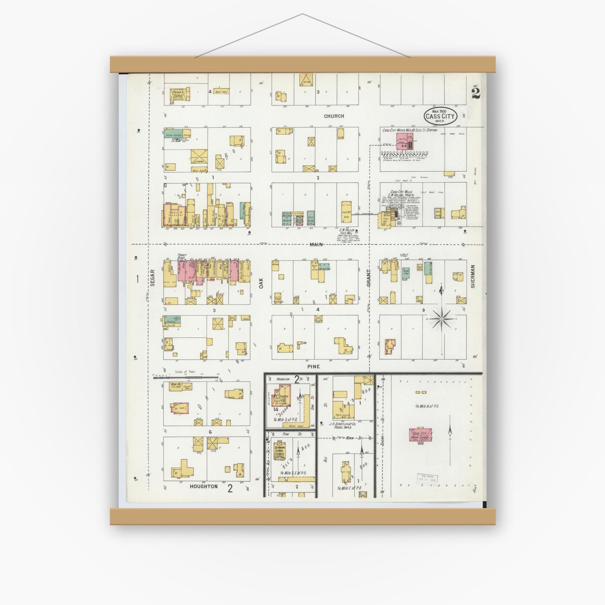 Old map wall art mockup — magnetic wood frame on white wall — Sanborn Fire Insurance Map from Cass City, Tuscola County, Michigan (1900), Sheet #0002