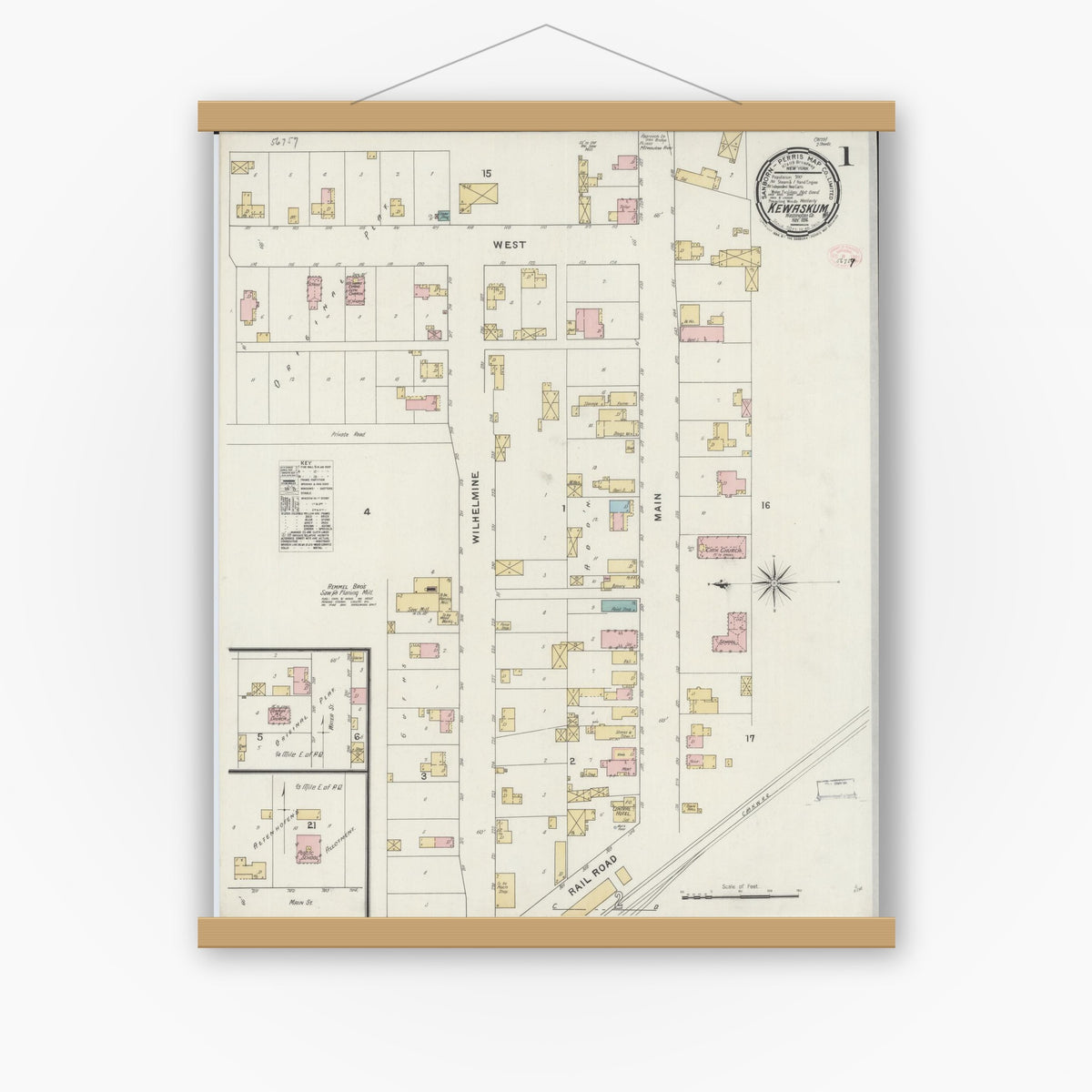 Old map wall art mockup — magnetic wood frame on white wall — Sanborn Fire Insurance Map from Kewaskum, Washington County, Wisconsin (1894), Sheet #0001