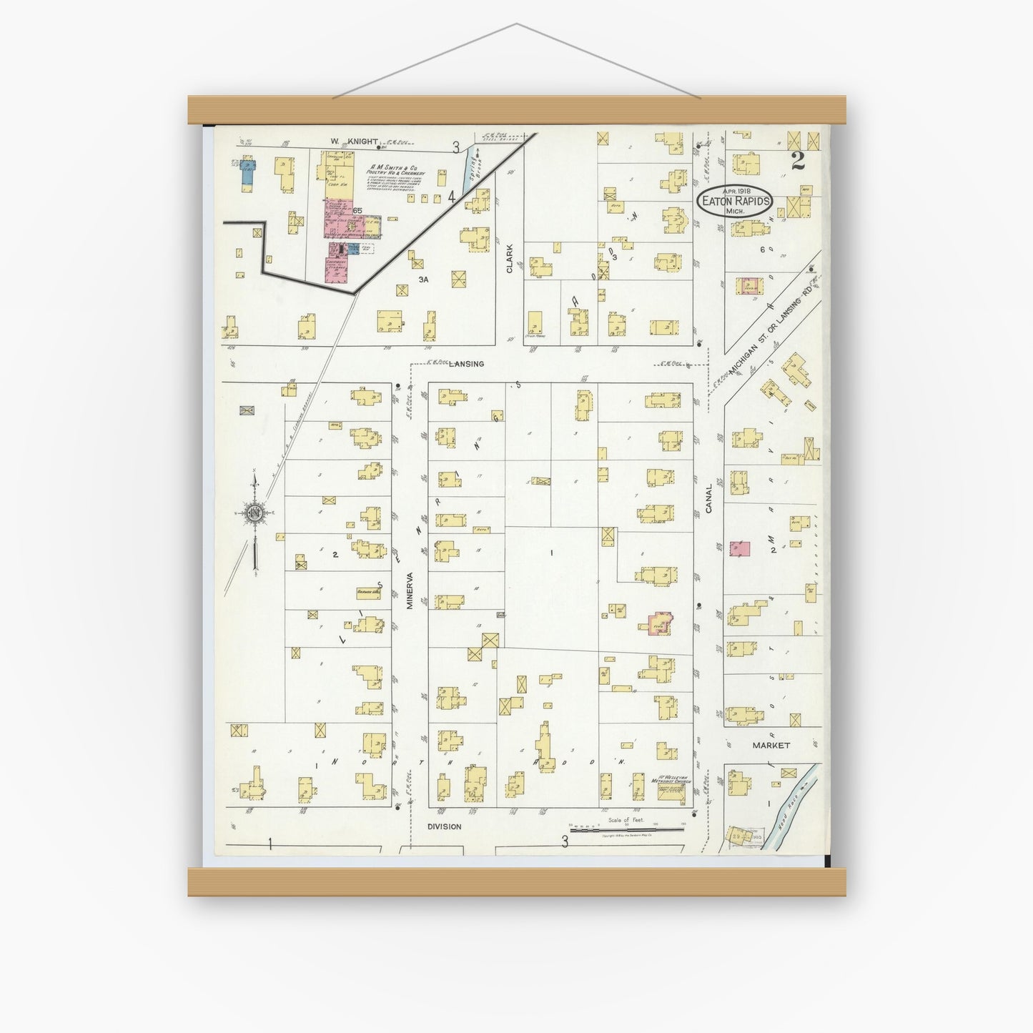 Old map wall art mockup — magnetic wood frame on white wall — Sanborn Fire Insurance Map from Eaton Rapids, Eaton County, Michigan (1918), Sheet #0002