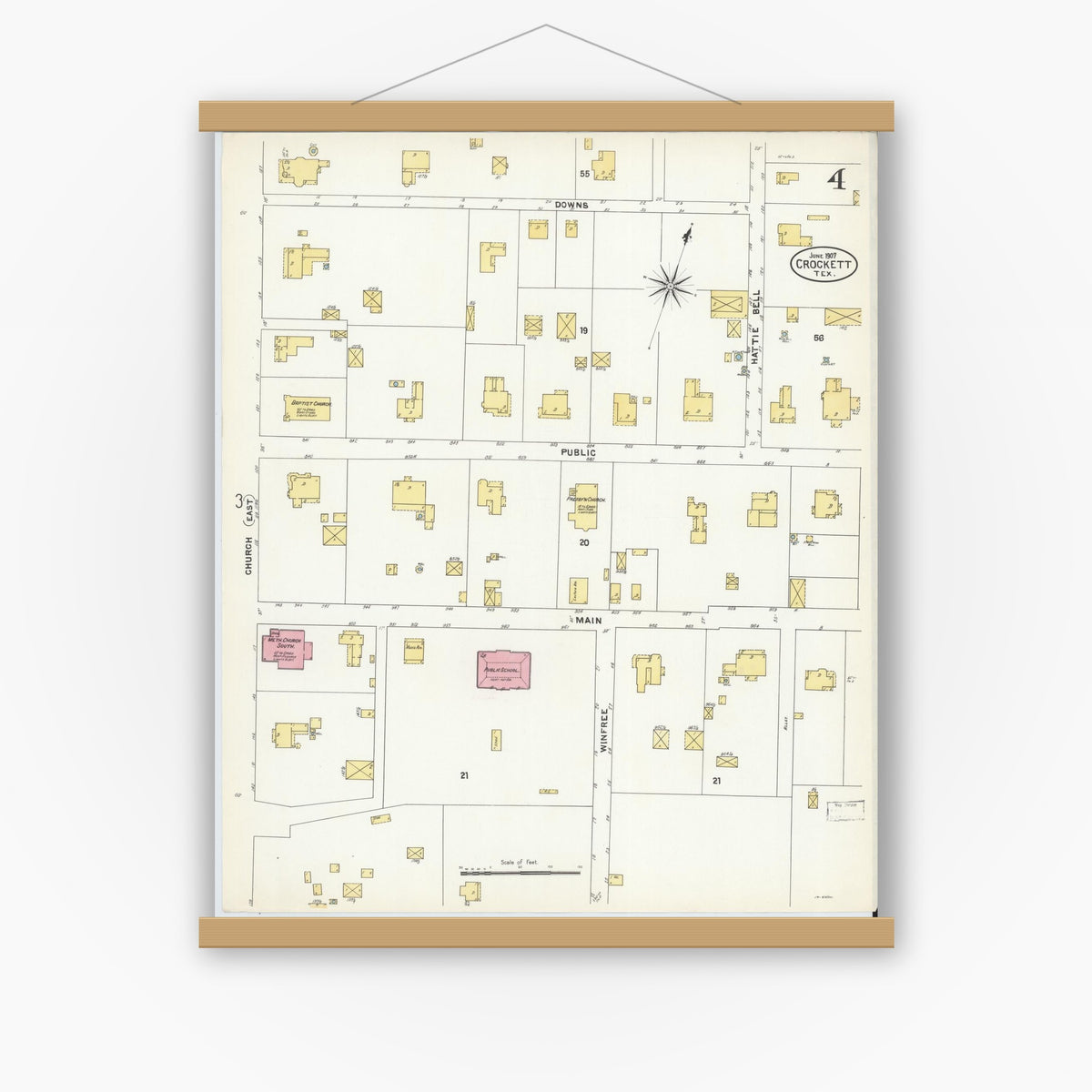 Old map wall art mockup — magnetic wood frame on white wall — Sanborn Fire Insurance Map from Crockett, Houston County, Texas (1907), Sheet #0004