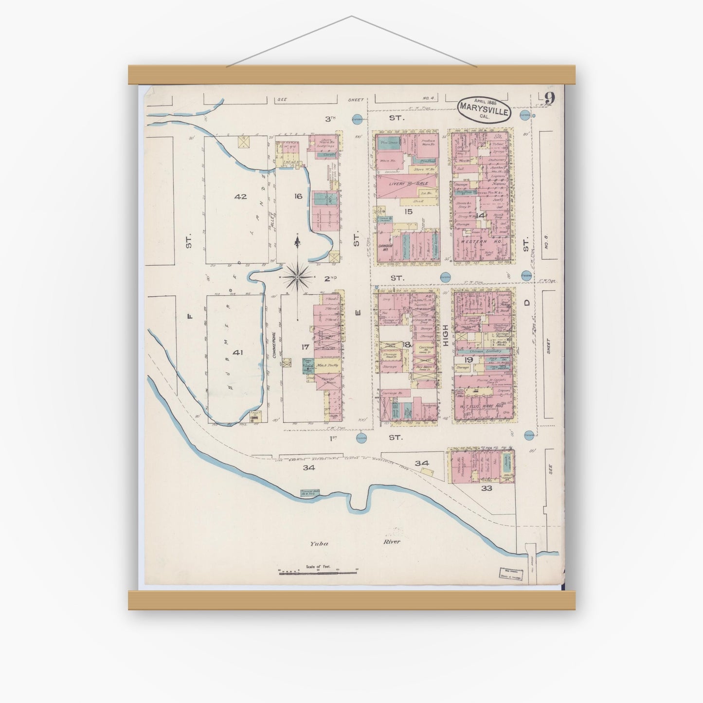 Old map wall art mockup — magnetic wood frame on white wall — Sanborn Fire Insurance Map from Marysville, Yuba County, California (1885), Sheet #0009