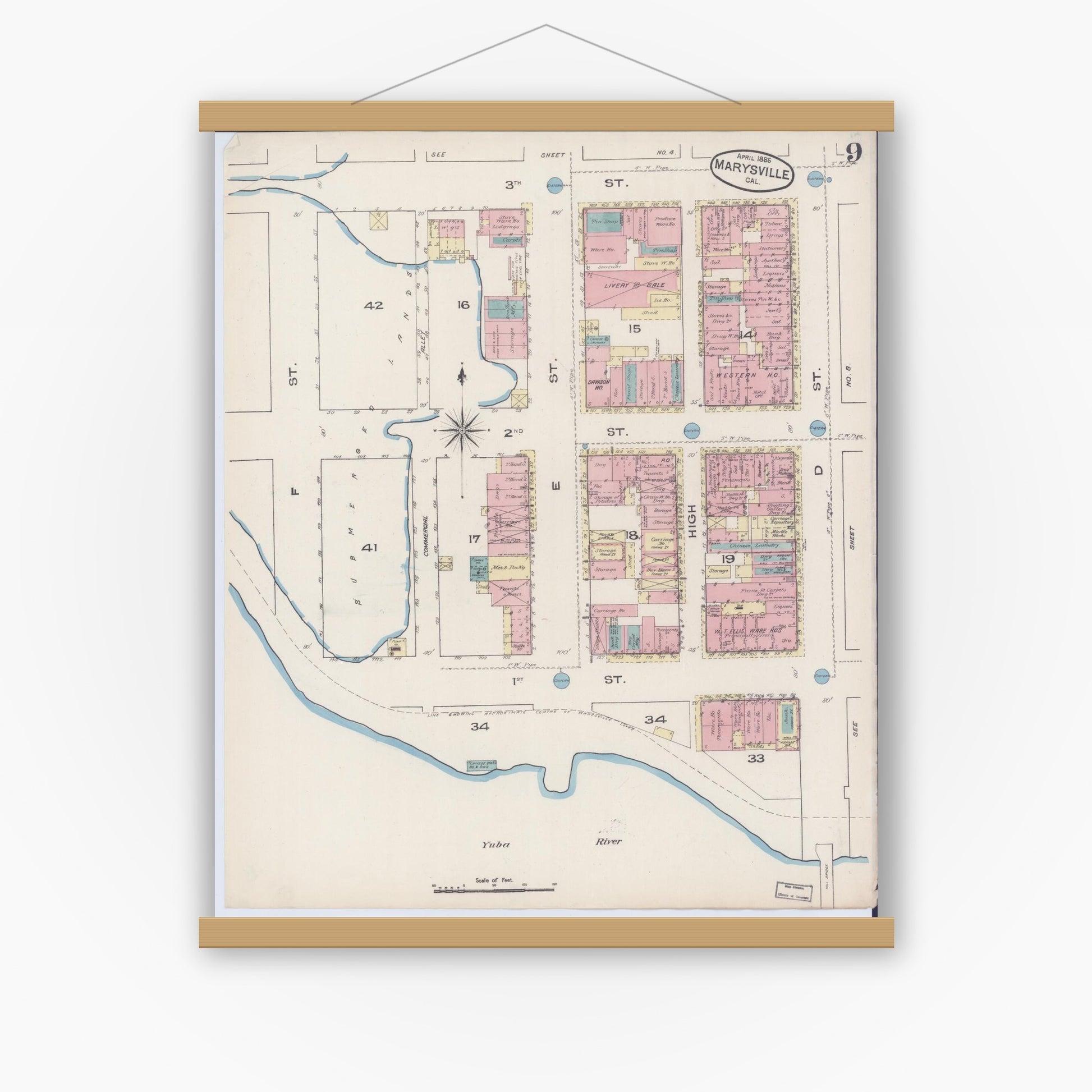 Old map wall art mockup — magnetic wood frame on white wall — Sanborn Fire Insurance Map from Marysville, Yuba County, California (1885), Sheet #0009