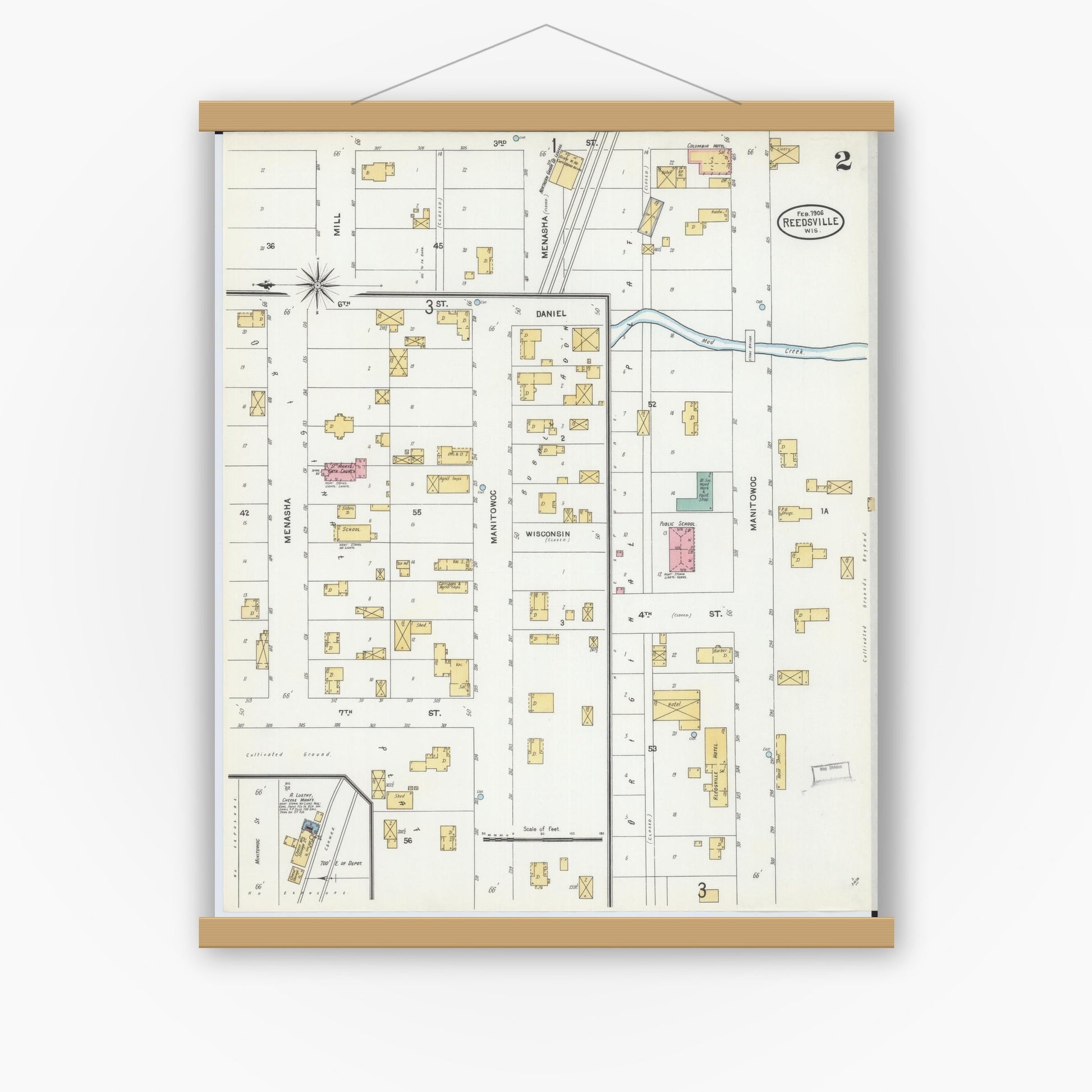 Old map wall art mockup — magnetic wood frame on white wall — Sanborn Fire Insurance Map from Reedsville, Manitowoc County, Wisconsin (1906), Sheet #0002
