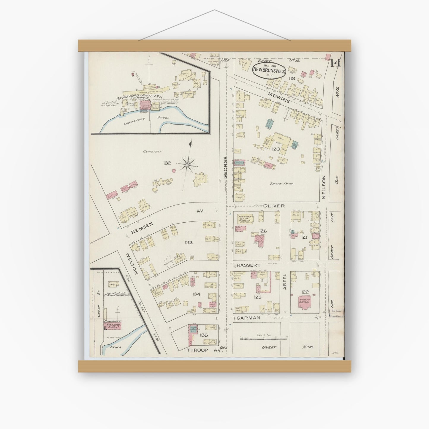 Old map wall art mockup — magnetic wood frame on white wall — Sanborn Fire Insurance Map from New Brunswick, Middlesex County, New Jersey (1886), Sheet #0014