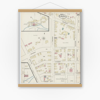 Old map wall art mockup — magnetic wood frame on white wall — Sanborn Fire Insurance Map from New Brunswick, Middlesex County, New Jersey (1886), Sheet #0014