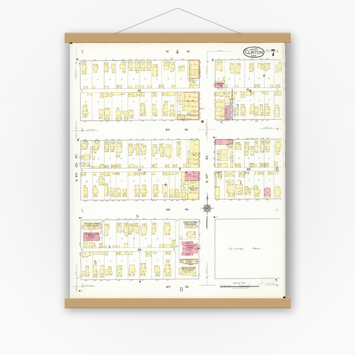 Old map wall art mockup — magnetic wood frame on white wall — Sanborn Fire Insurance Map from Clinton, Clinton County, Iowa (1917), Sheet #0007