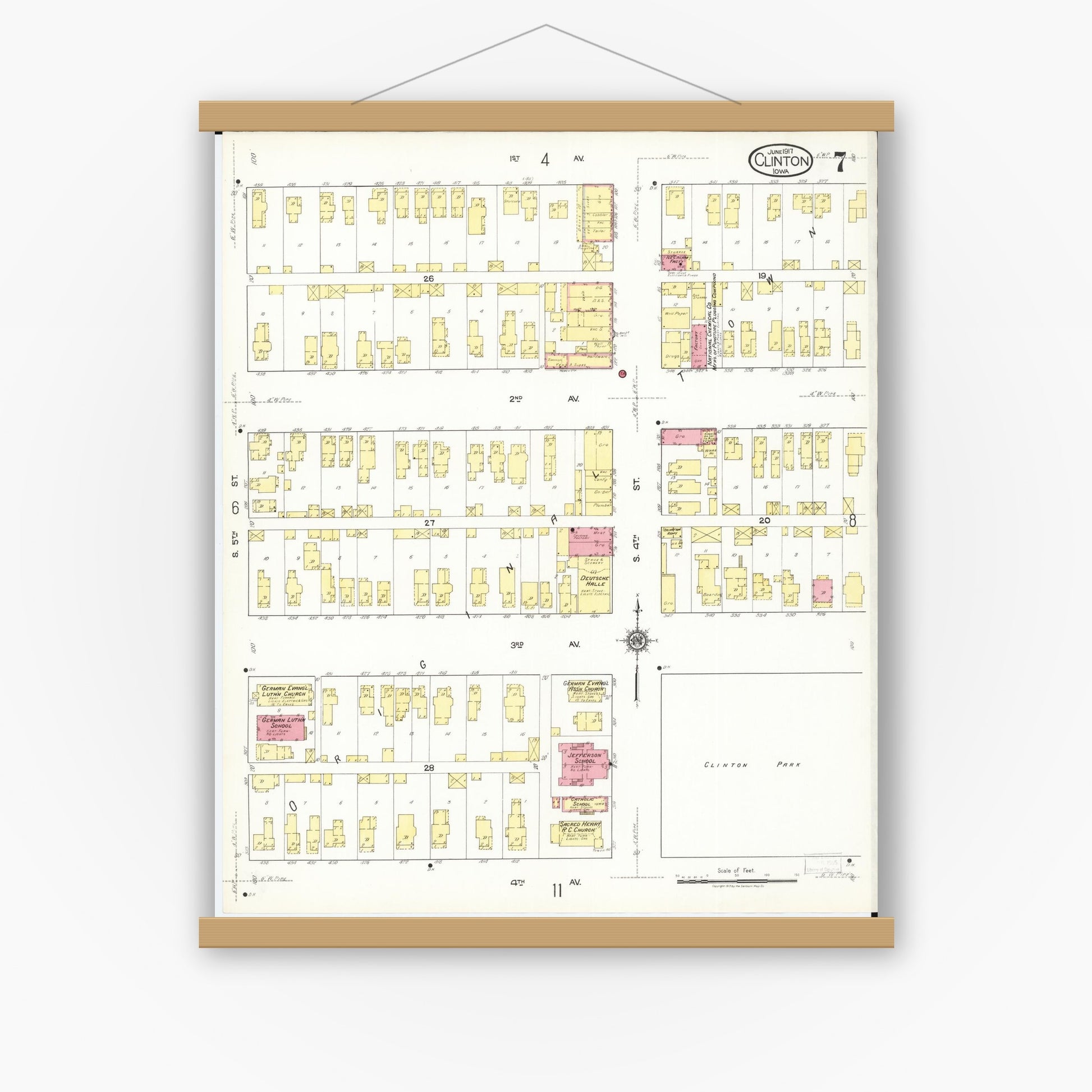Old map wall art mockup — magnetic wood frame on white wall — Sanborn Fire Insurance Map from Clinton, Clinton County, Iowa (1917), Sheet #0007