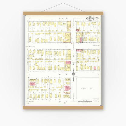Old map wall art mockup — magnetic wood frame on white wall — Sanborn Fire Insurance Map from Clinton, Clinton County, Iowa (1917), Sheet #0007