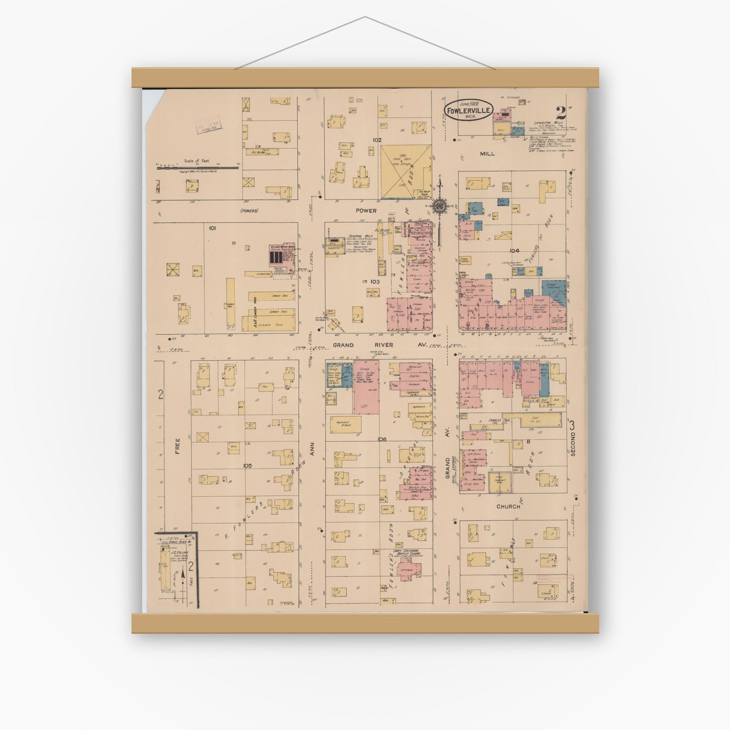 Old map wall art mockup — magnetic wood frame on white wall — Sanborn Fire Insurance Map from Fowlerville, Livingston County, Michigan (1922), Sheet #0002