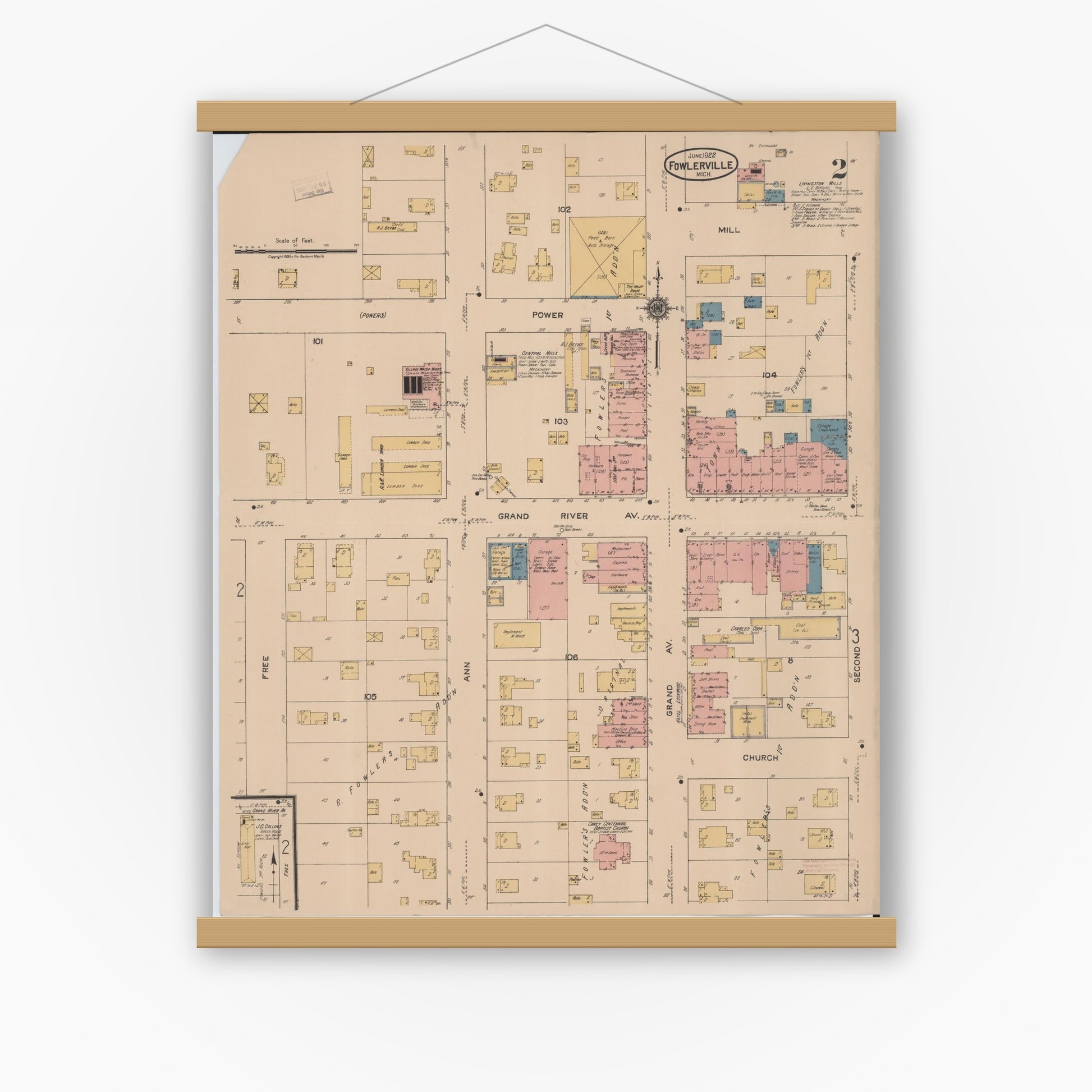 Old map wall art mockup — magnetic wood frame on white wall — Sanborn Fire Insurance Map from Fowlerville, Livingston County, Michigan (1922), Sheet #0002