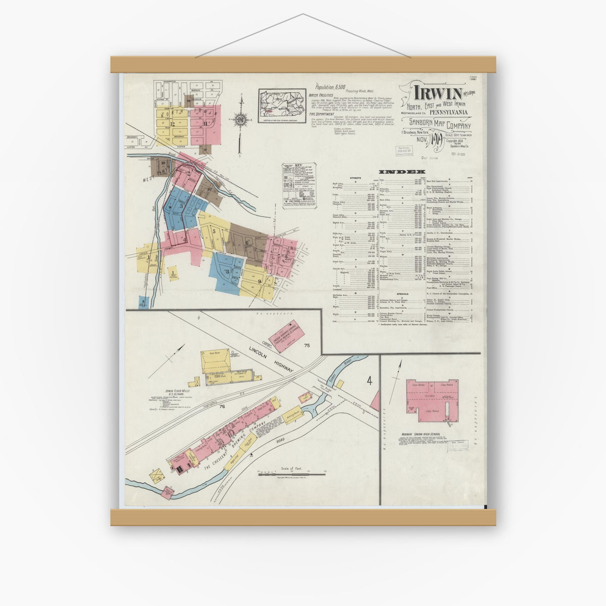 Old map wall art mockup — magnetic wood frame on white wall — Sanborn Fire Insurance Map from Irwin, Westmoreland County, Pennsylvania (1919) - Complete Map Set