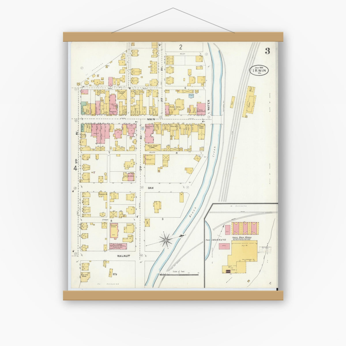 Old map wall art mockup — magnetic wood frame on white wall — Sanborn Fire Insurance Map from Irwin, Westmoreland County, Pennsylvania (1904), Sheet #0003