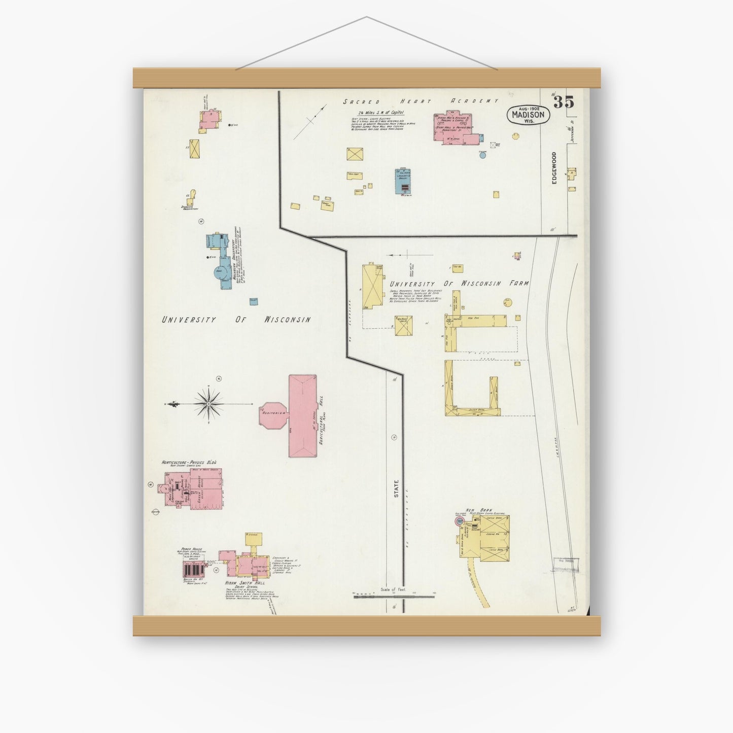 Old map wall art mockup — magnetic wood frame on white wall — Sanborn Fire Insurance Map from Madison, Dane County, Wisconsin (1902), Sheet #0035