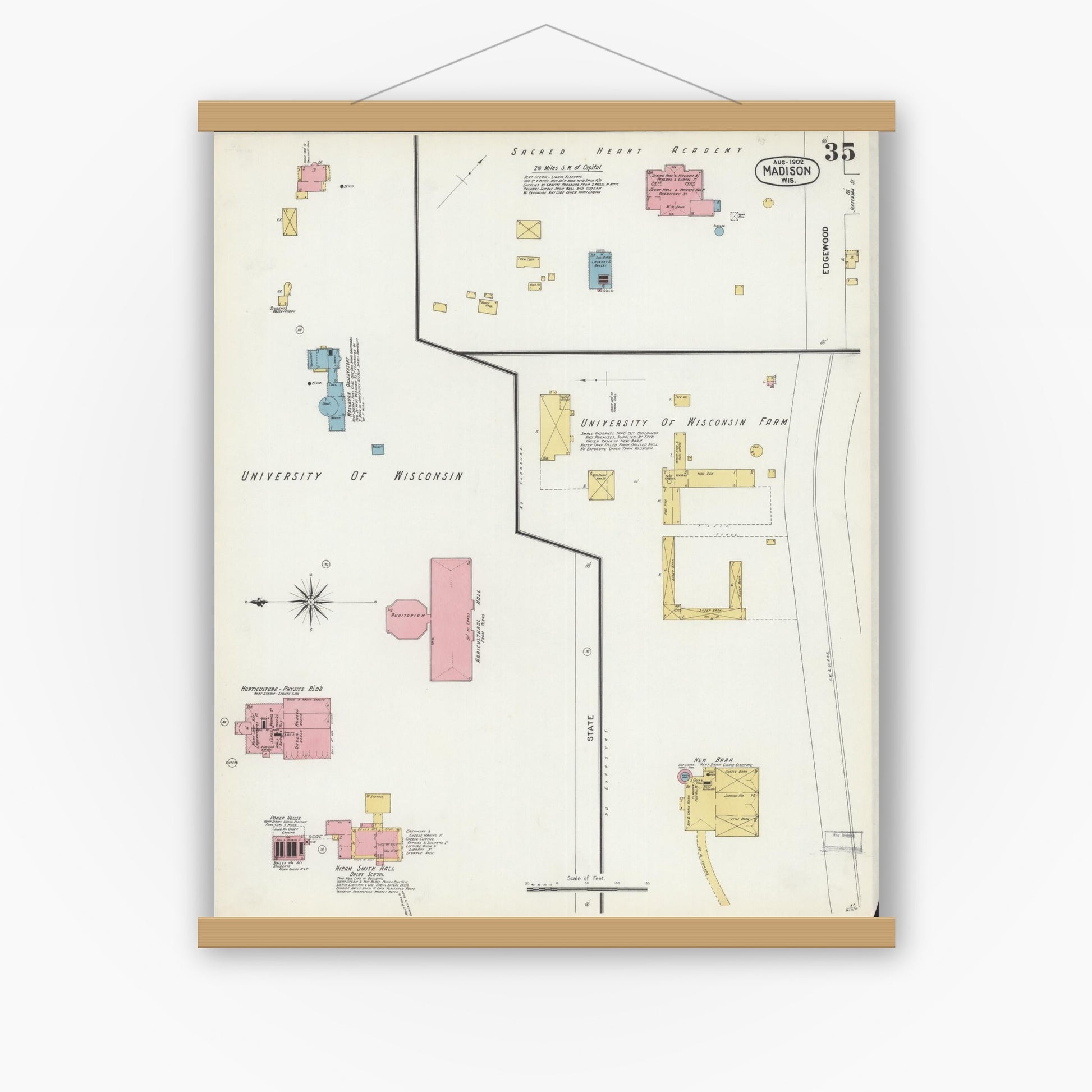 Old map wall art mockup — magnetic wood frame on white wall — Sanborn Fire Insurance Map from Madison, Dane County, Wisconsin (1902), Sheet #0035
