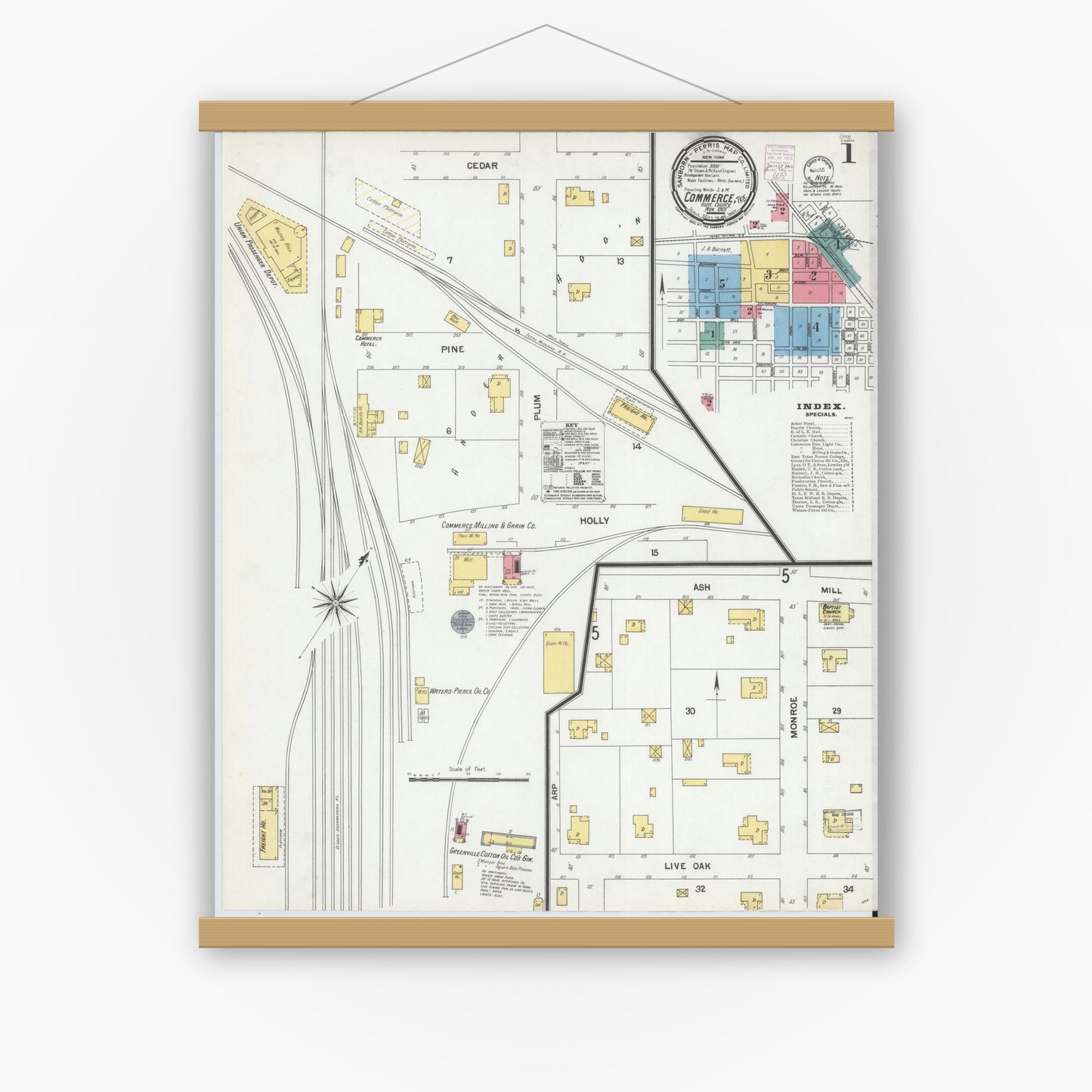 Old map wall art mockup — magnetic wood frame on white wall — Sanborn Fire Insurance Map from Commerce, Hunt County, Texas (1901), Sheet #0001