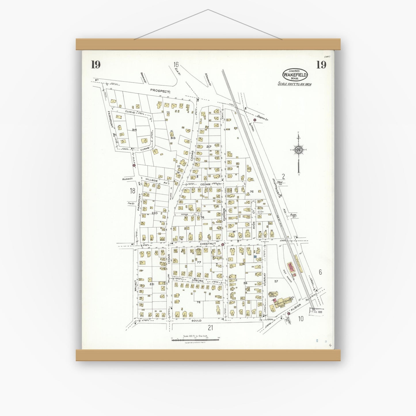 Old map wall art mockup — magnetic wood frame on white wall — Sanborn Fire Insurance Map from Wakefield, Middlesex County, Massachusetts (1923), Sheet #0019