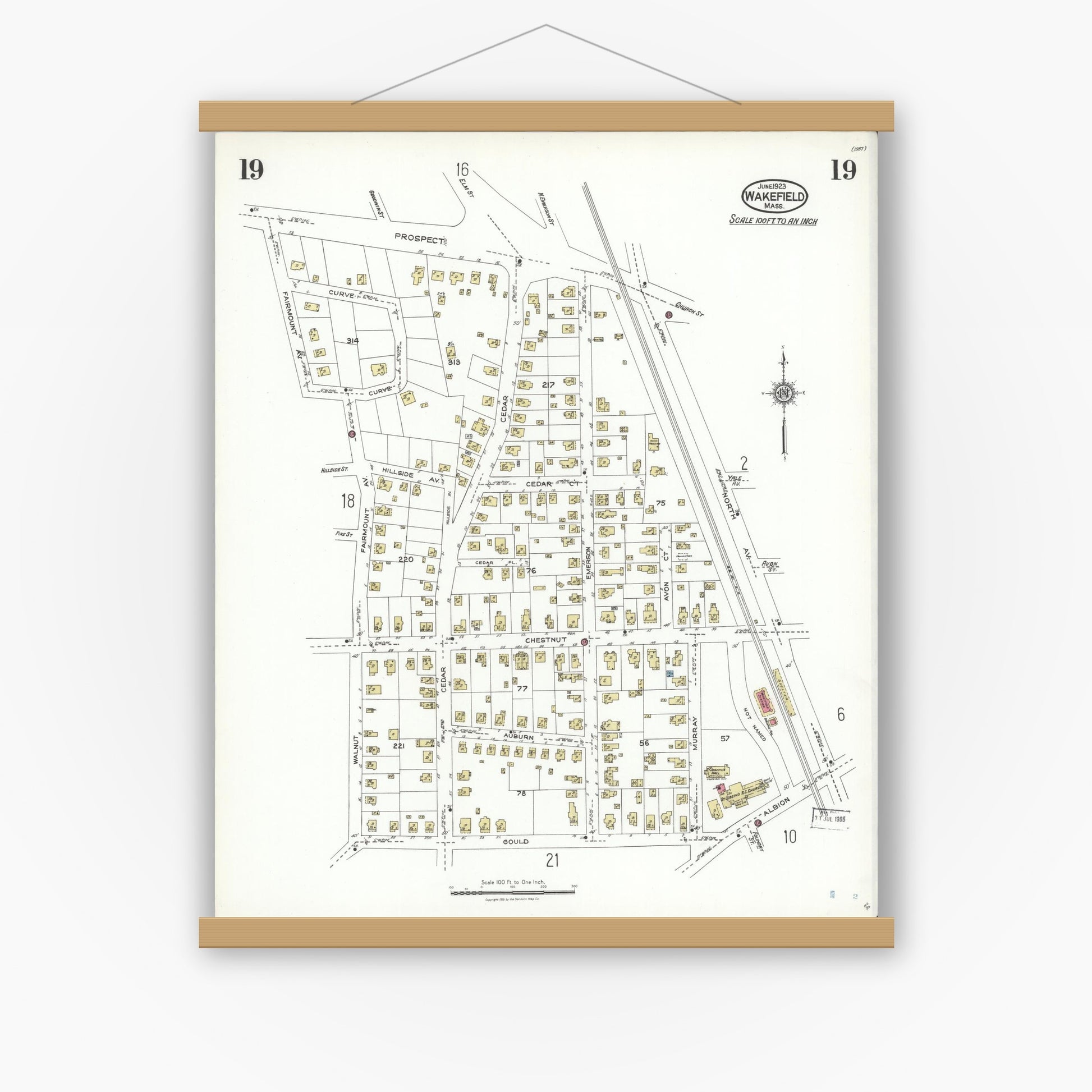 Old map wall art mockup — magnetic wood frame on white wall — Sanborn Fire Insurance Map from Wakefield, Middlesex County, Massachusetts (1923), Sheet #0019