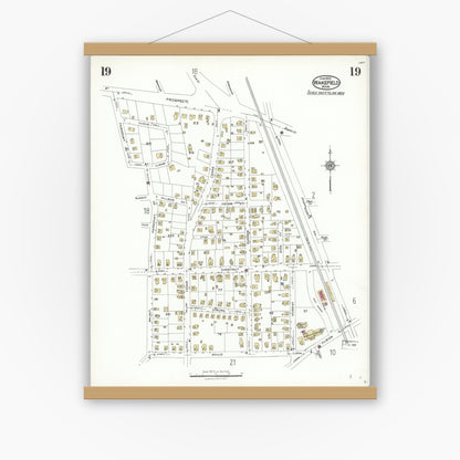 Old map wall art mockup — magnetic wood frame on white wall — Sanborn Fire Insurance Map from Wakefield, Middlesex County, Massachusetts (1923), Sheet #0019