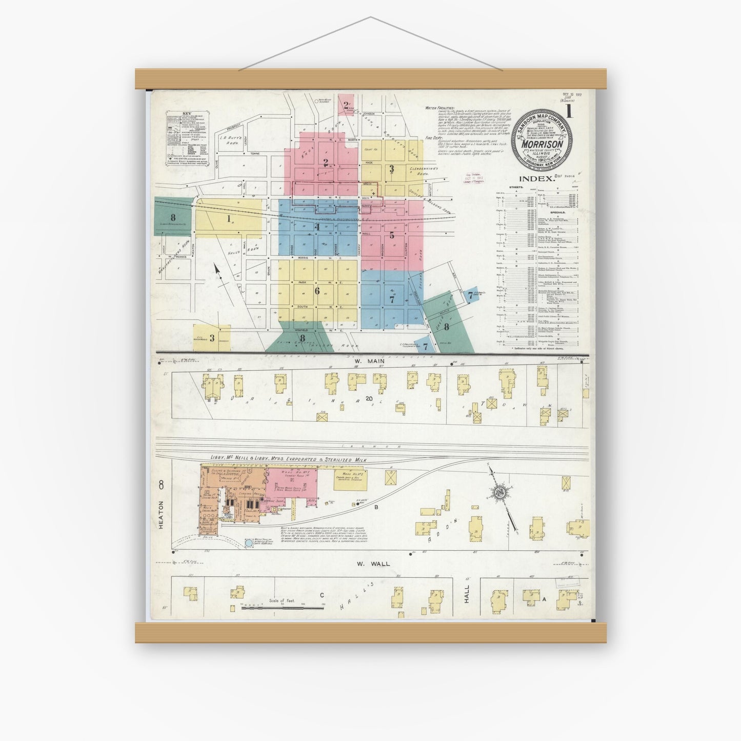 Old map wall art mockup — magnetic wood frame on white wall — Sanborn Fire Insurance Map from Morrison, Whiteside County, Illinois (1912) - Complete Map Set