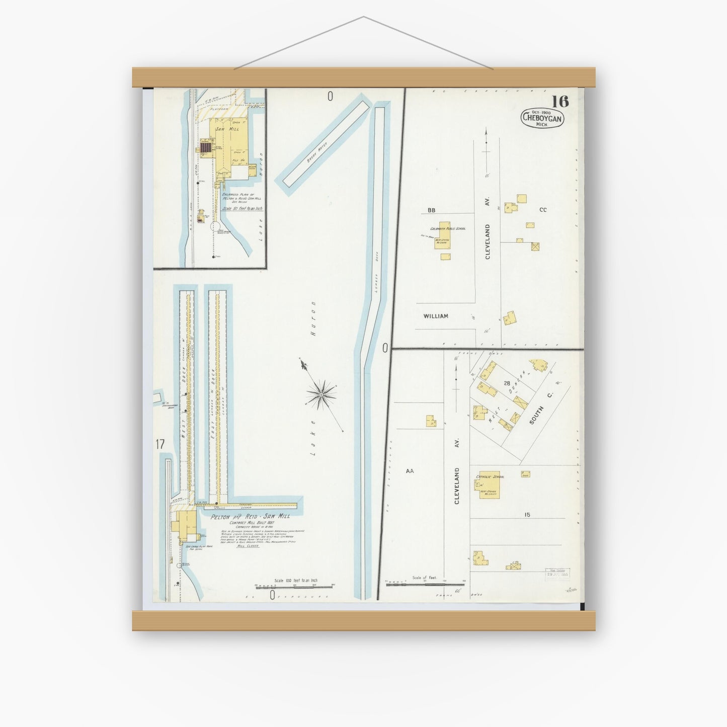Old map wall art mockup — magnetic wood frame on white wall — Sanborn Fire Insurance Map from Cheboygan, Cheboygan County, Michigan (1900), Sheet #0016