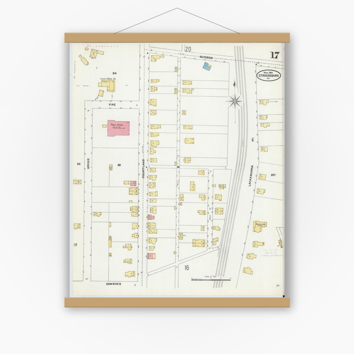 Old map wall art mockup — magnetic wood frame on white wall — Sanborn Fire Insurance Map from Stroudsburg, Monroe County, Pennsylvania (1905), Sheet #0017