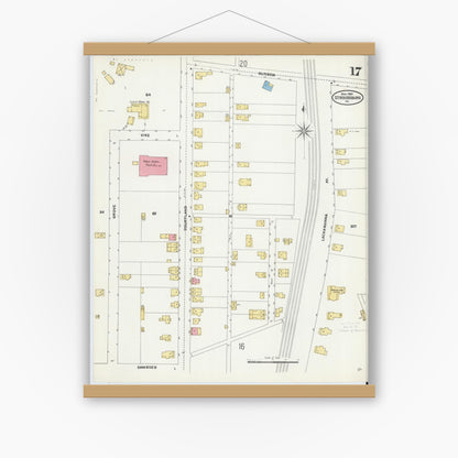 Old map wall art mockup — magnetic wood frame on white wall — Sanborn Fire Insurance Map from Stroudsburg, Monroe County, Pennsylvania (1905), Sheet #0017
