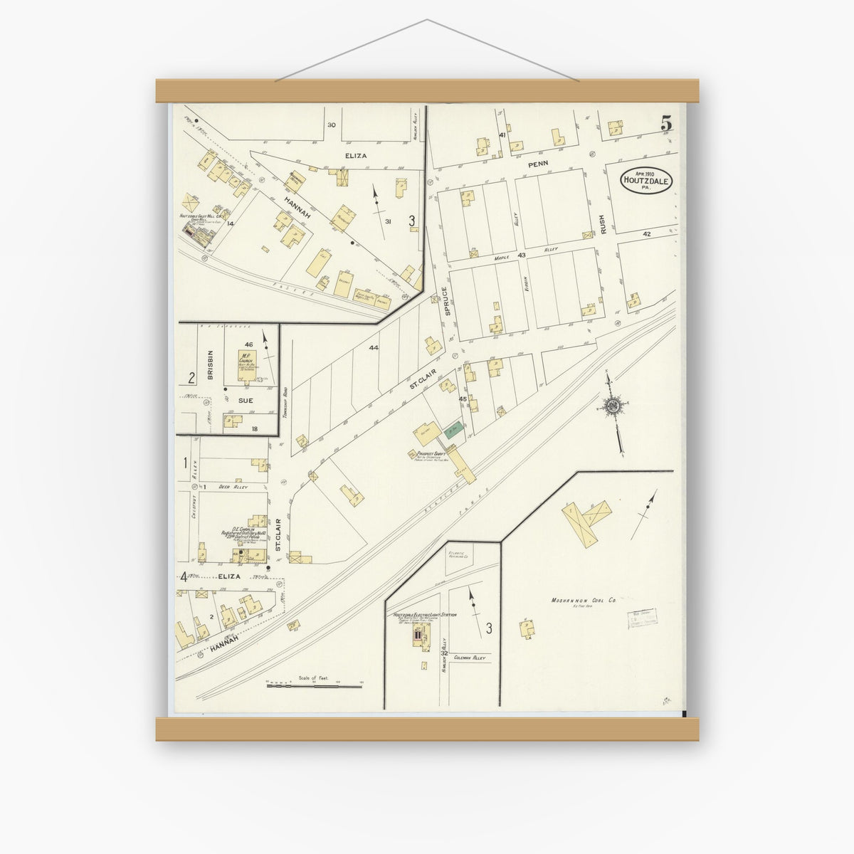 Old map wall art mockup — magnetic wood frame on white wall — Sanborn Fire Insurance Map from Houtzdale, Clearfield County, Pennsylvania (1910), Sheet #0005