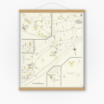 Old map wall art mockup — magnetic wood frame on white wall — Sanborn Fire Insurance Map from Houtzdale, Clearfield County, Pennsylvania (1910), Sheet #0005