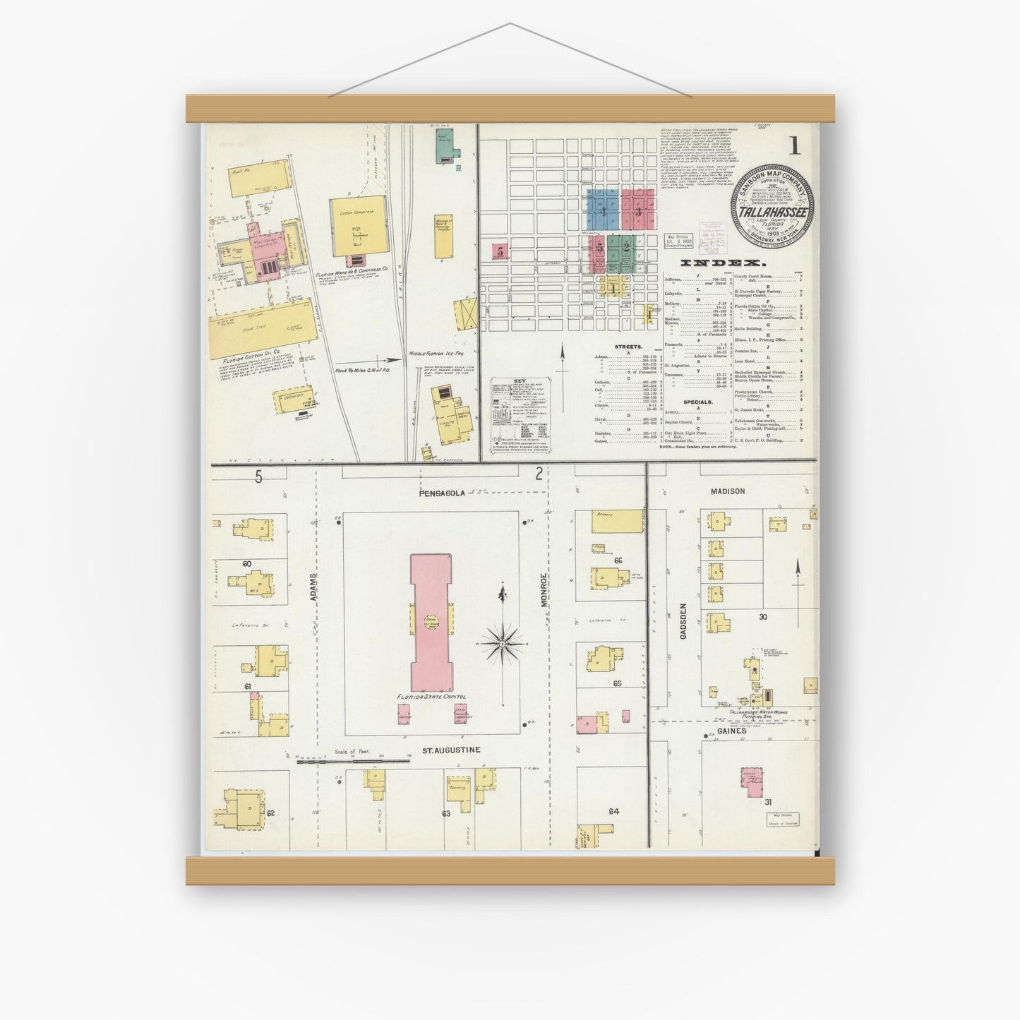 Old map wall art mockup — magnetic wood frame on white wall — Sanborn Fire Insurance Map from Tallahassee, Leon County, Florida (1903) - Complete Map Set