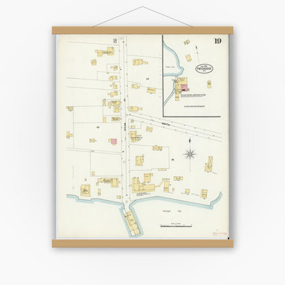Old map wall art mockup — magnetic wood frame on white wall — Sanborn Fire Insurance Map from Patchogue, Suffolk County, New York (1902), Sheet #0019