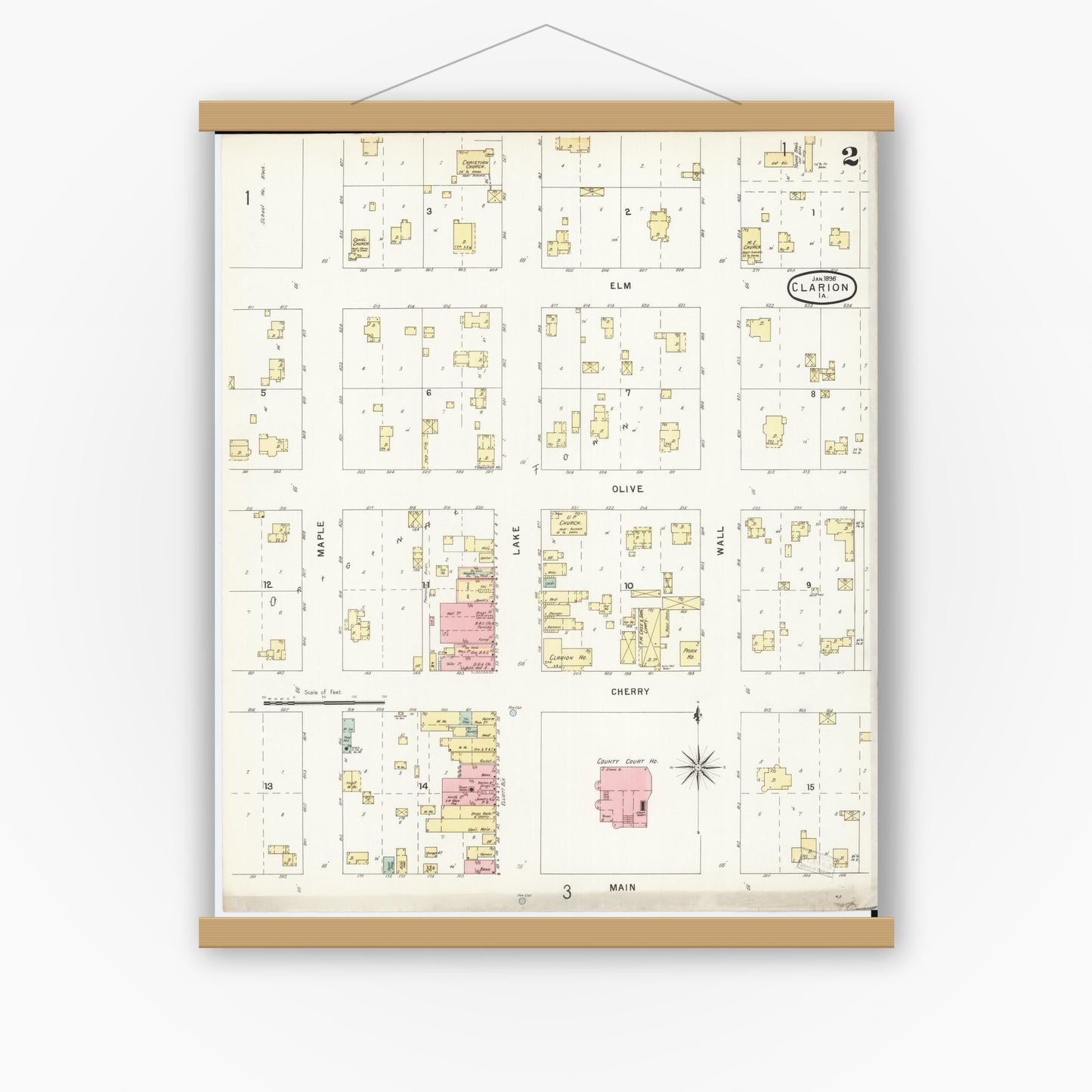 Old map wall art mockup — magnetic wood frame on white wall — Sanborn Fire Insurance Map from Clarion, Wright County, Iowa (1896), Sheet #0002