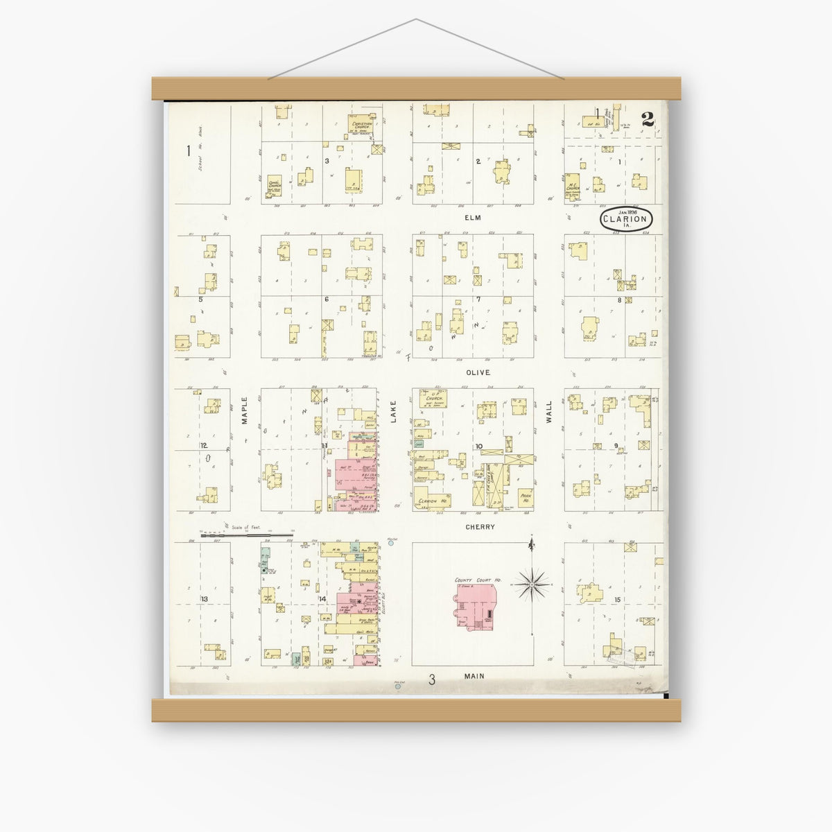 Old map wall art mockup — magnetic wood frame on white wall — Sanborn Fire Insurance Map from Clarion, Wright County, Iowa (1896), Sheet #0002