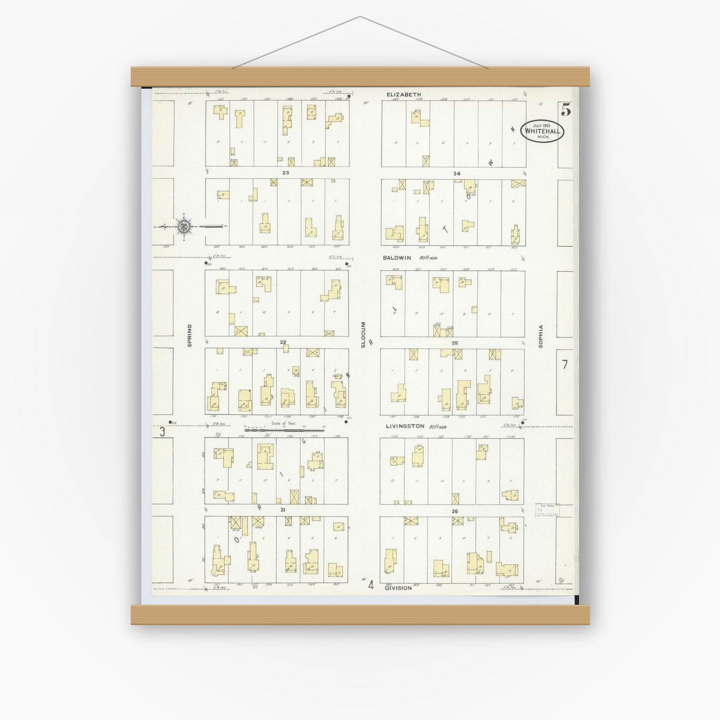 Old map wall art mockup — magnetic wood frame on white wall — Sanborn Fire Insurance Map from Whitehall, Muskegon County, Michigan (1910), Sheet #0005