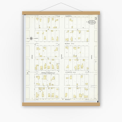 Old map wall art mockup — magnetic wood frame on white wall — Sanborn Fire Insurance Map from Whitehall, Muskegon County, Michigan (1910), Sheet #0005